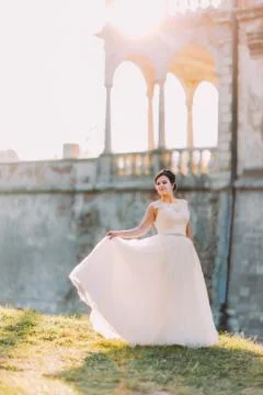 The full-length view of the stylish bride at the background of the old palace Stock Photos