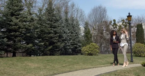 Full-length view of two mixesd race businessladies in suits discussing the Stock Footage 84456867