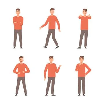 Full length of young man expressing positive and negative emotions and gesturing Stock Illustration