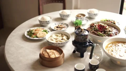 A full meal is on a white table Stock Footage 261248818