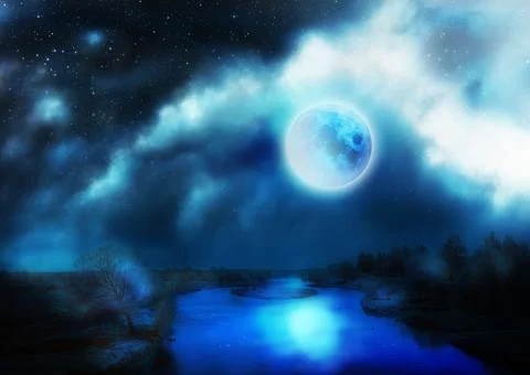 Full moon above river Ilustração Stock