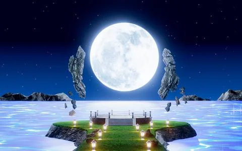 Full moon Above the surface of the sea or the lake. A stone altar in the mi.. Stock Illustration