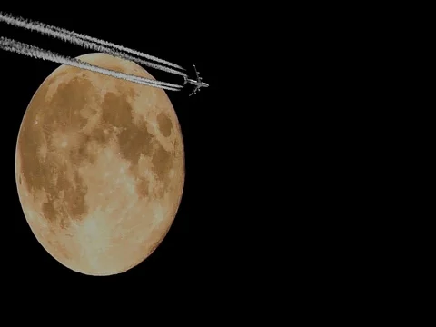 Full Moon and Airplane, Jet Plane – time – lapse, motion Stock Footage 74161098