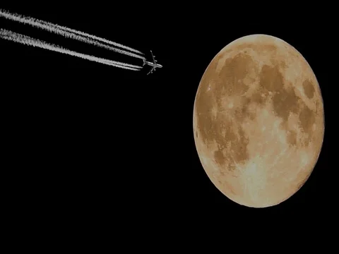 Full Moon and Airplane, Jet Plane – time – lapse, motion Stock Footage 74161101