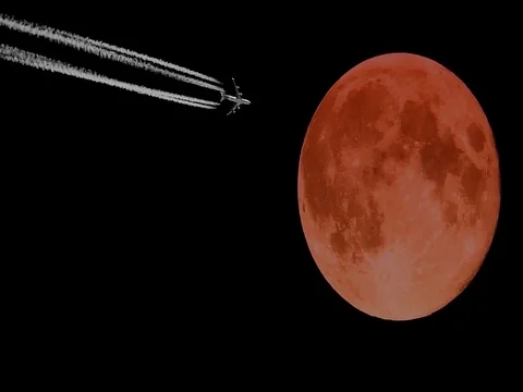 Full Moon and Airplane, Jet Plane – time – lapse, motion Stock Footage 74161210