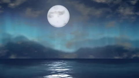 Full Moon and Aurora Borealis Over Calm Night Ocean Loop Stock Footage 345703589