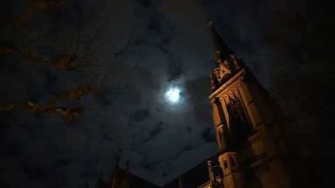 Full Moon And Clouds Behind Old Church at night in Frankfurt Stock Footage 86247995