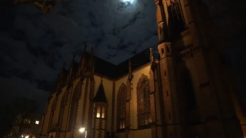 Full Moon And Clouds Behind Old Church at night in Frankfurt Stock-Footage 86248006