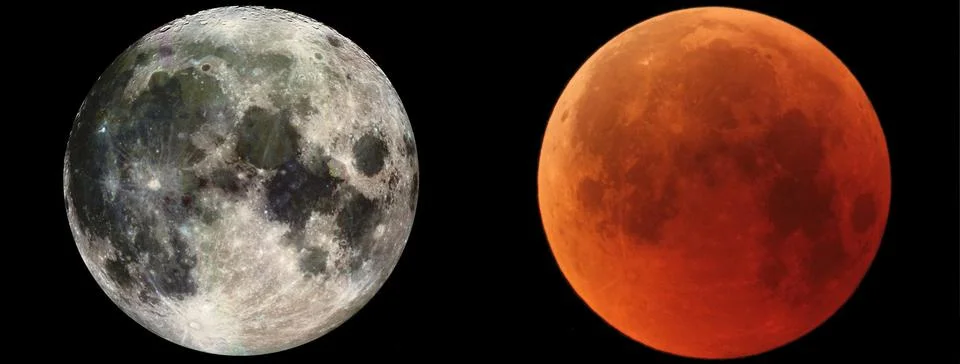 Full moon and total eclipse of the Moon comparison. Fotos Stock
