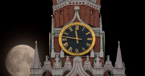 Full moon on the background of the clock of the Kremlin Spasskaya tower in Stock Footage 128896012