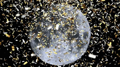 Full moon behind falling silver and gold confetti in UHD. Video stock 204722876