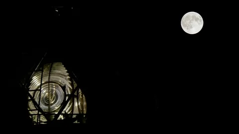 Full Moon Behind the Maritime Lighthouse Stock Footage 80541519