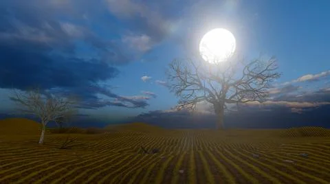 Full moon behind tree without branches in night time Stock Illustration