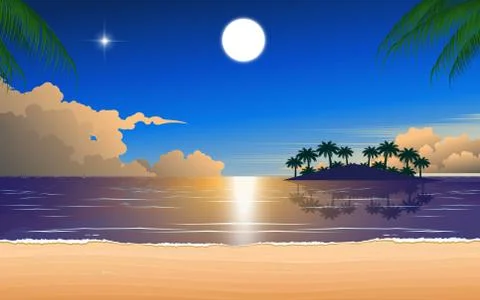 Full moon on the blue sky in sunset at the beach Stock Illustration