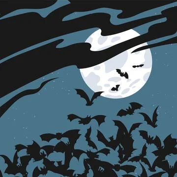 Full moon, clouds and a huge flock of black bats in the night, halloween vector Stock Illustration