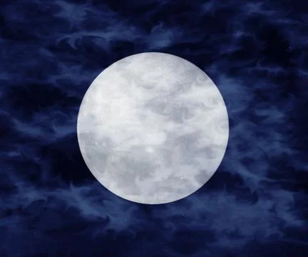 Full moon with clouds at dark night sky background. 3d illustration Illustrazione stock
