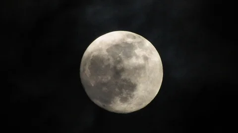 Full moon on dark cloudy night. Clouds passing by the moon, real time shot. Stock Footage