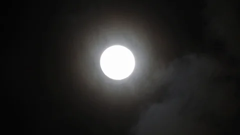Full moon on dark cloudy night. Clouds passing by the moon, real time shot. Video stock 122693694