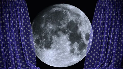 Full moon in a dark night sky behind the stars pattern blue fishnet curtain Stock Footage 158765613