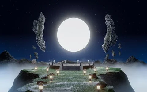 Full moon floating above the stone altar Mid-Autumn Festival. The top of th.. Ilustração Stock