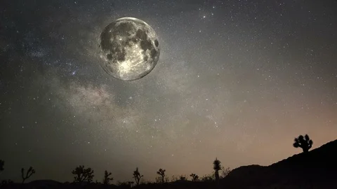 Full moon flying over a desert at night Stock Footage 113390818