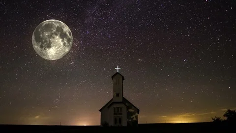 Full Moon flying over a lonely church Stock Footage 113789803