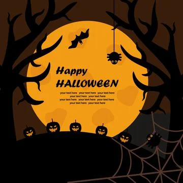 Full moon in the forest with cobwebs, spiders and pumpkins. Halloween holiday Stock Illustration