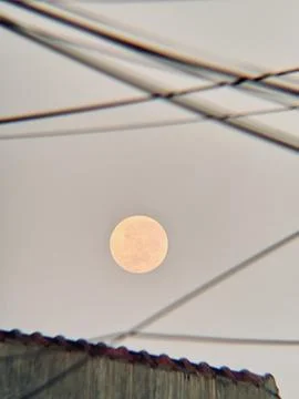 Full Moon Framed by Overhead Wires in an Urban Evening Sky Stock Photos
