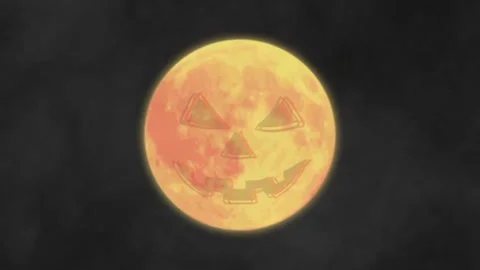 Full moon gets a pumpkin face for Halloween, horror scene, animation, close up. Stock Footage 221594568