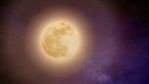 Full moon with a glowing aura on a beautiful purple starry animated night Stock Footage 246787605