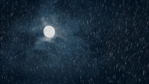 Full moon glowing brightly behind falling raindrops against dark night sky Stock Footage 340943465