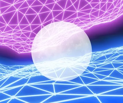 Full moon with glowing grid background, blue-purple picture, 3d illustration Stock Illustration