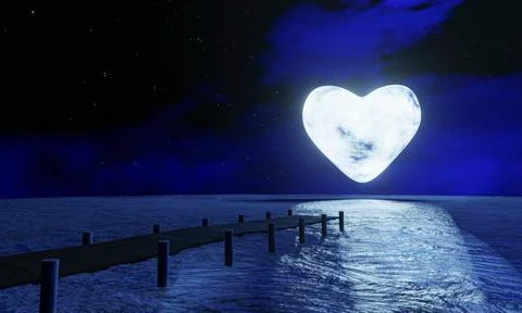 Full moon, heart shape at night was full of stars and a faint mist. A woode.. Stock Illustration