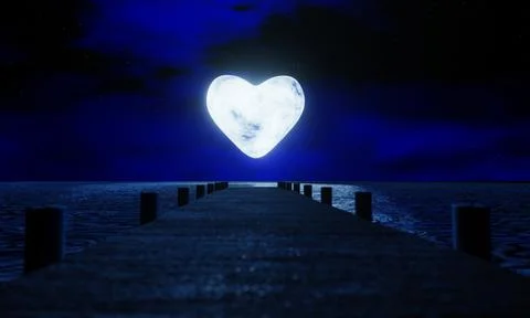 Full moon, heart shape at night was full of stars and a faint mist. A woode.. Stock Illustration
