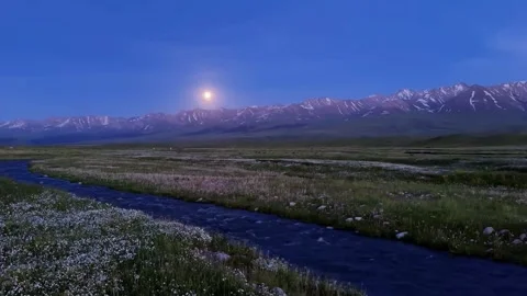 Full Moon Illuminates River and Snow-Capped Mountains on Tibetan Plateau Tib 動画素材 337273643