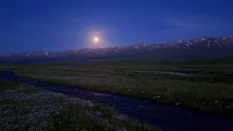 Full Moon Illuminates River Flowing Through Tibetan Plateau with Mountains, Stockbeeldmateriaal 337273695