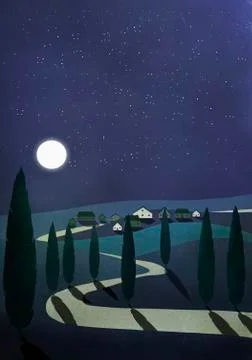 Full moon illuminating tranquil rural town and countryside Stock Illustration