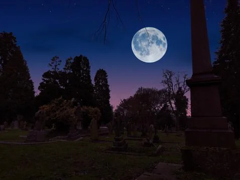 Full Moon Light Over Graveyard at night  Stock Photos