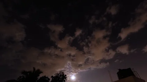 Full Moon Moves In The Night Sky Through Dark Clouds And Trees. Timelapse 4K Video stock 124452191