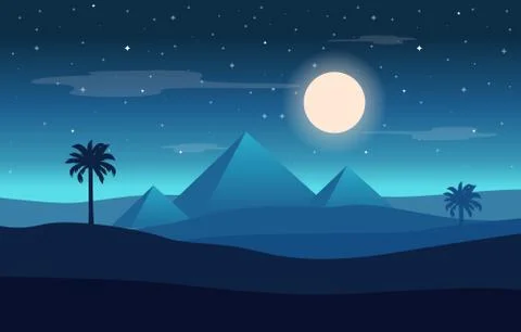 Full Moon Night Egypt Pyramid Desert Arabian Landscape Illustration Illustrazione stock