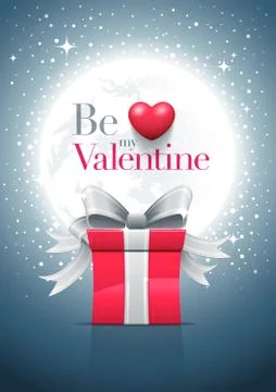 Full moon night, gift box and Valentine's Day message with red heart. Illustrazione stock
