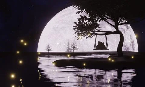 Full moon night, but only half of the moon can be seen.The reflection of the  Stock Illustration
