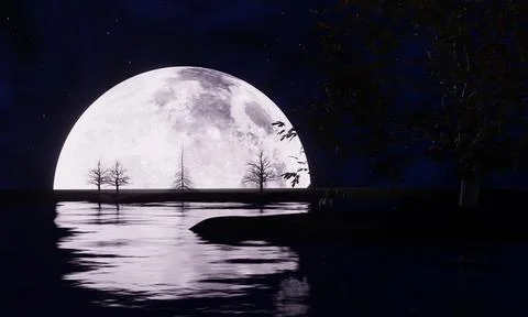 Full moon night, but only half of the moon can be seen.The reflection of th.. Stock Illustration