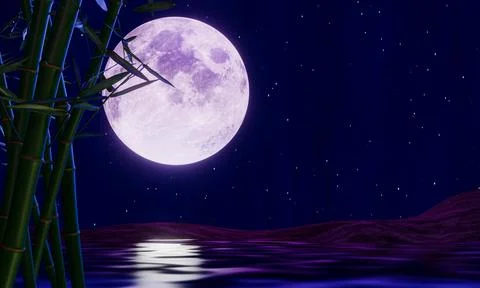 Full moon night or supermoon reflected on the sea. There is a backdrop of b.. Stock-Illustration