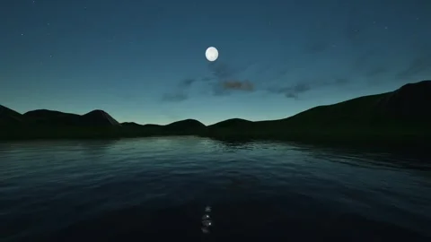 Full Moon Night over Dark Lake and Mountains with Reflection - 3D Landscape Stock Footage 340210124