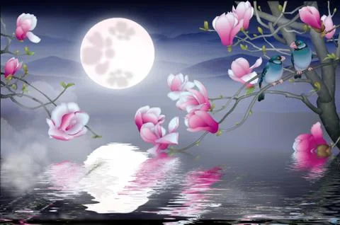 Full moon in the night sky, a reflection in the water, a tree with pink flowers Stock Illustration