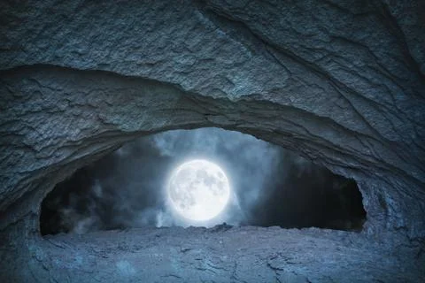 Full moon at night time view from blue cave Stock Photos