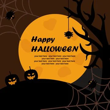 Full moon in the night trees with cobwebs, spiders and pumpkins. Halloween Stock Illustration