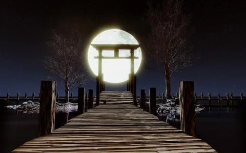 The full moon at night was full of stars and a faint mist. A wooden bridge .. Stock Illustration
