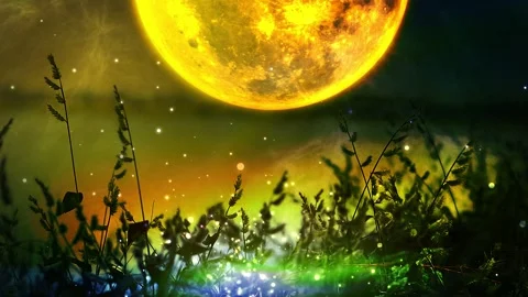 Full moon night with wild grass view Stock Footage 253195039